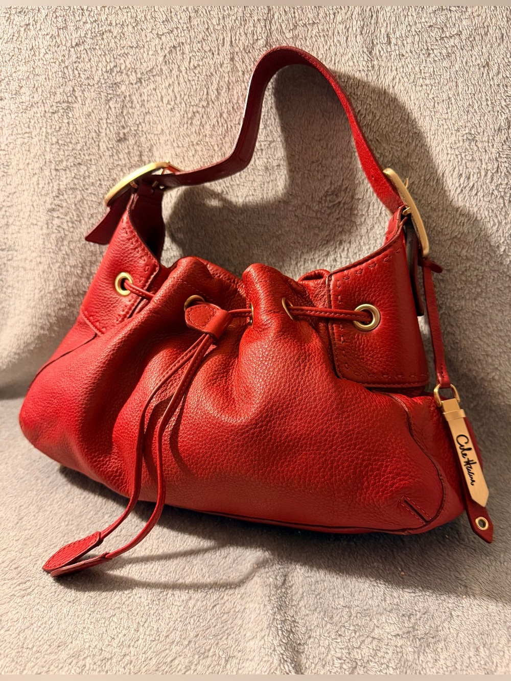 Cole Haan Red Pebbled Leather Drawstring Hobo with Gold Hardware